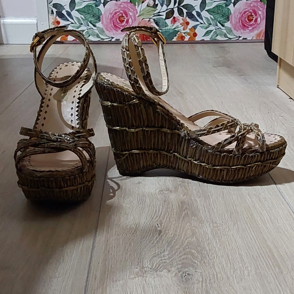 Prada Raffia Gold and Brown Wedge Sandals